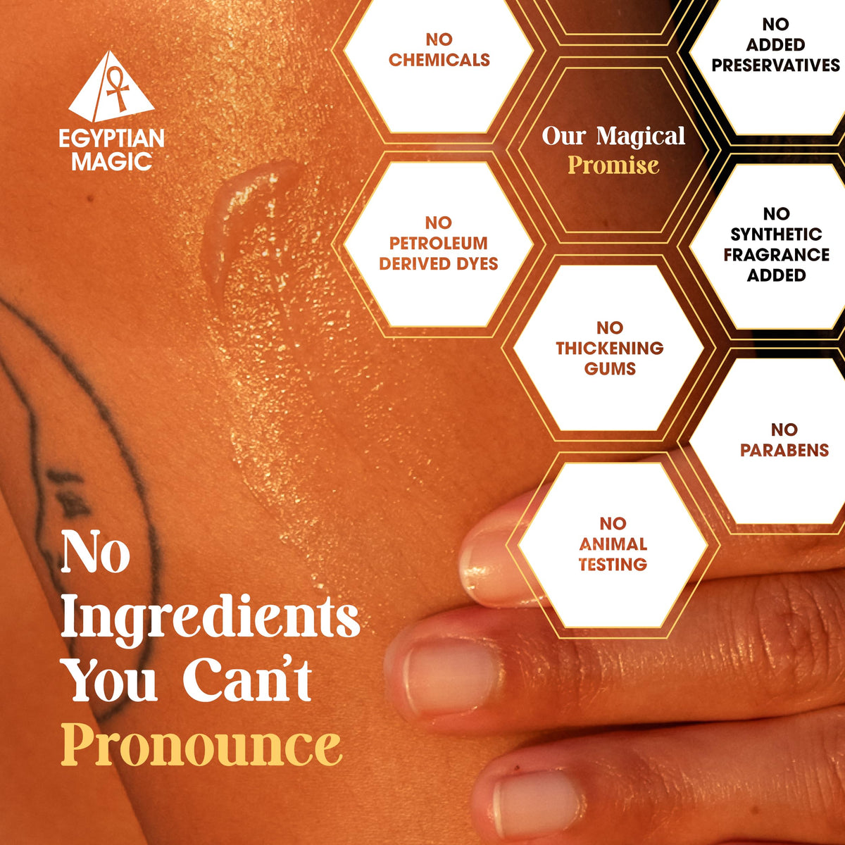 label detail of Egyptian Magic showing ingredient transparency and natural formulation benefit