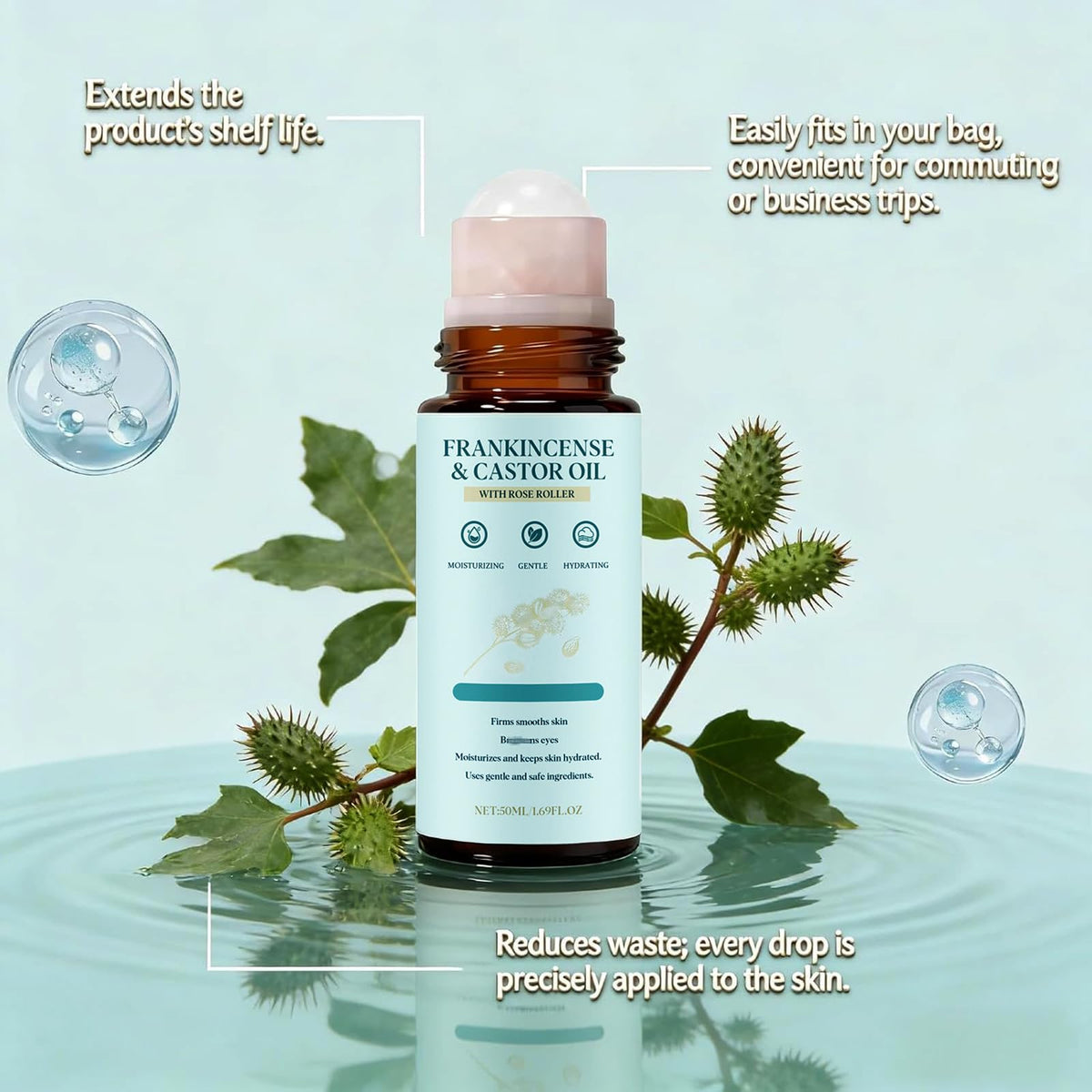 EHAUTO roll-on packed in a toiletry bag illustrating easy travel-ready skincare