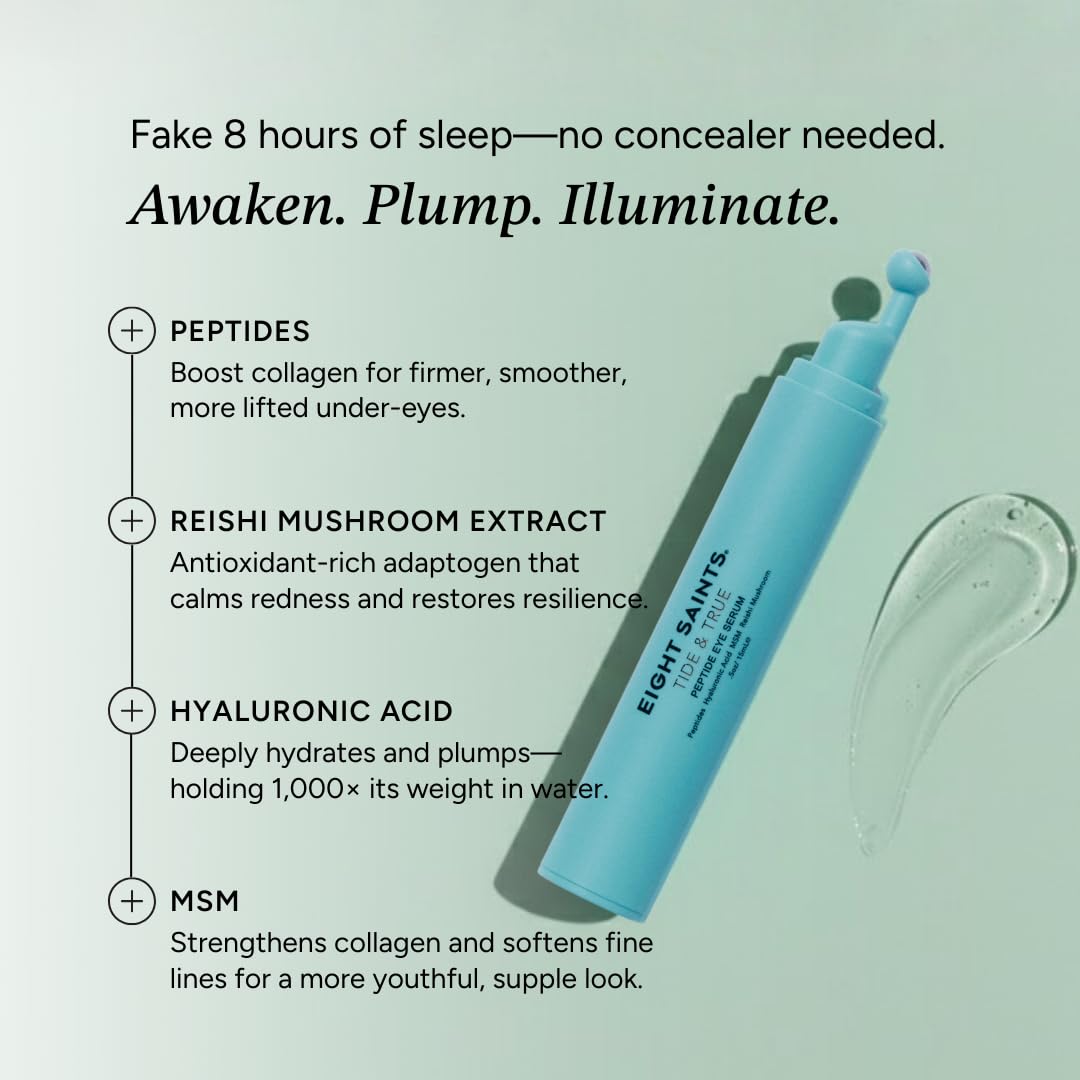 Eight Saints being rolled under-eye demonstrating targeted application and reduced puffiness