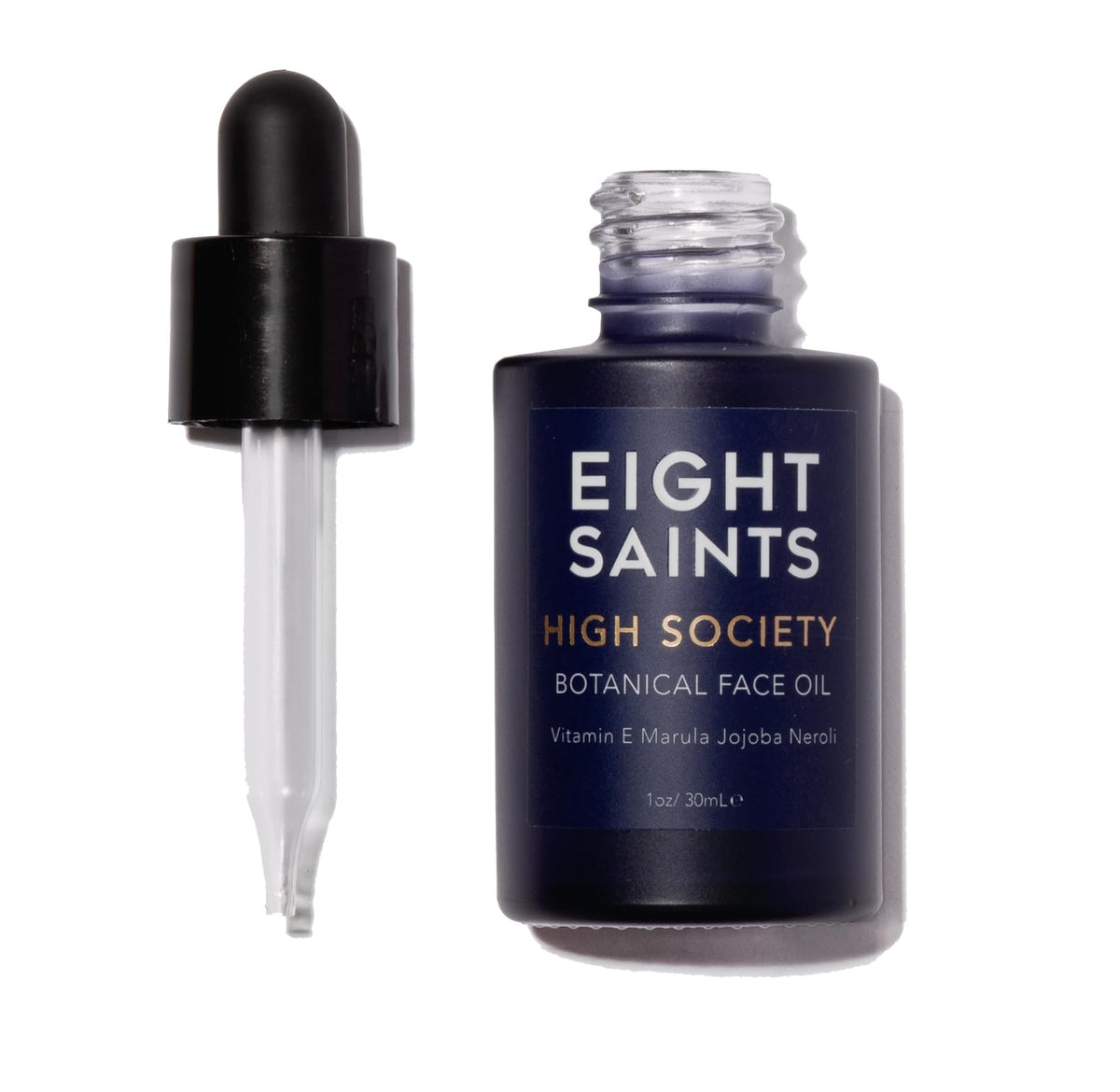 Eight Saints bottle front view showing label and sleek glass for elegant storage