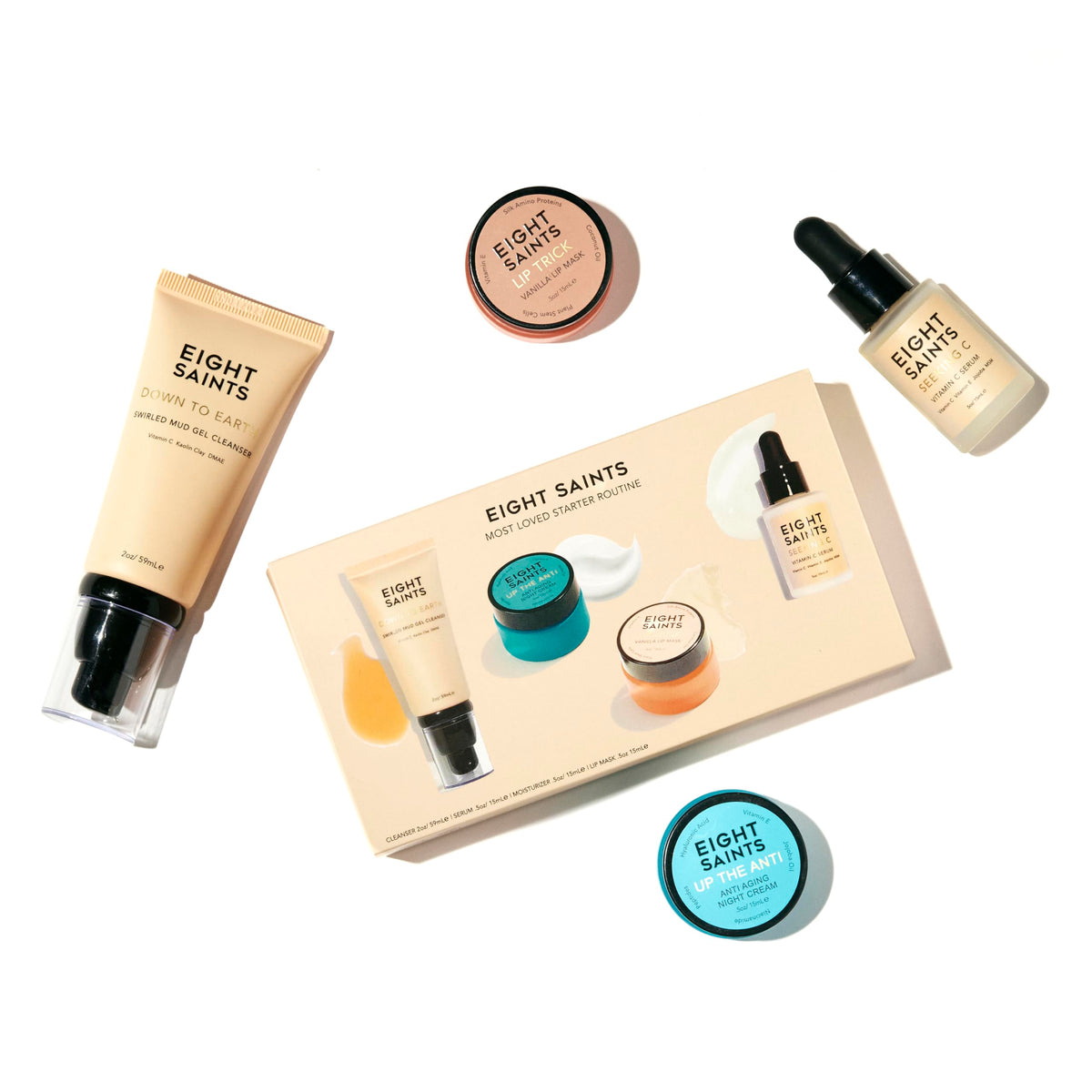 Eight Saints front packaging of the Most Loved Skincare Set showing all included products and benefits