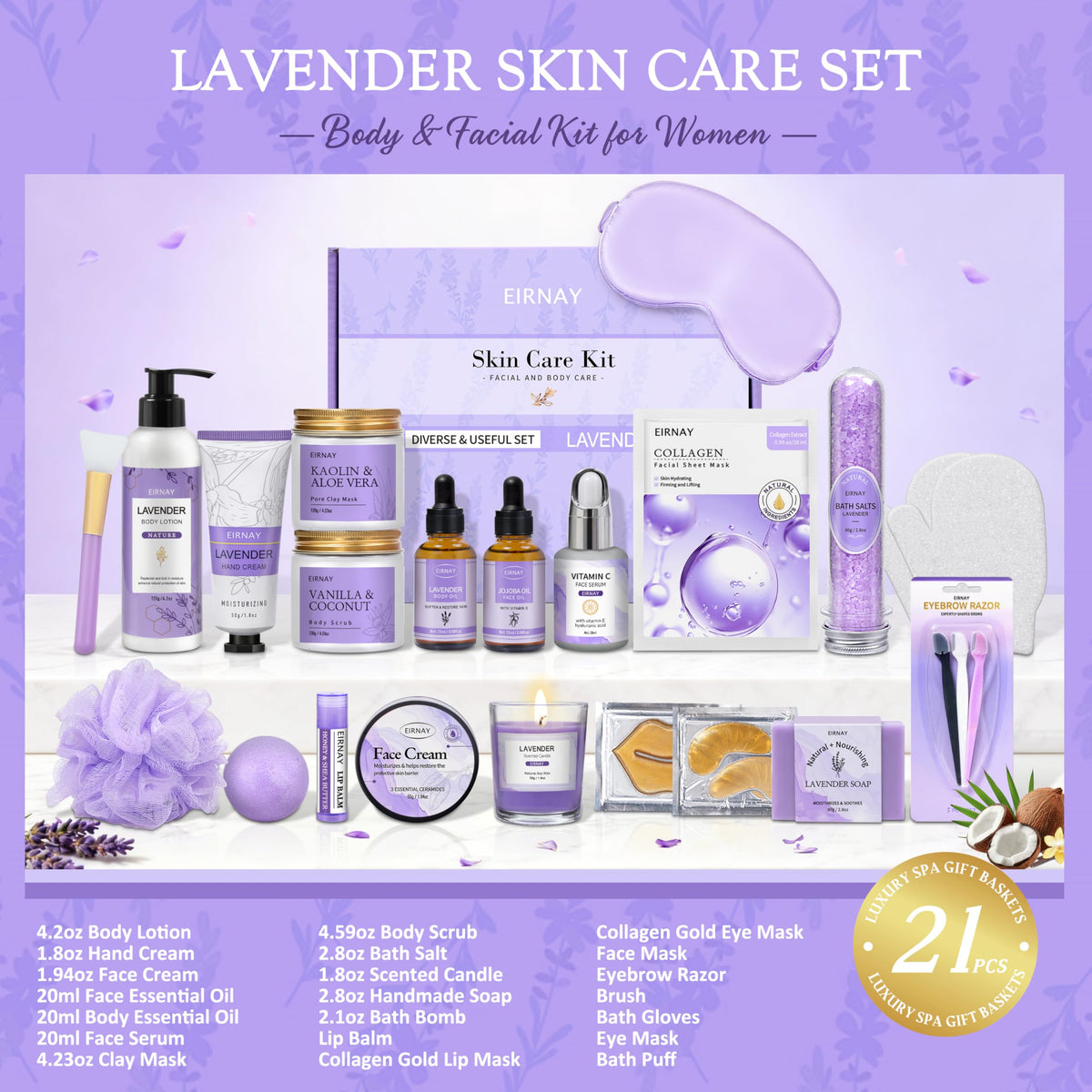 EIRNAY body and face products flatlay illustrating variety and coordinated lavender scent