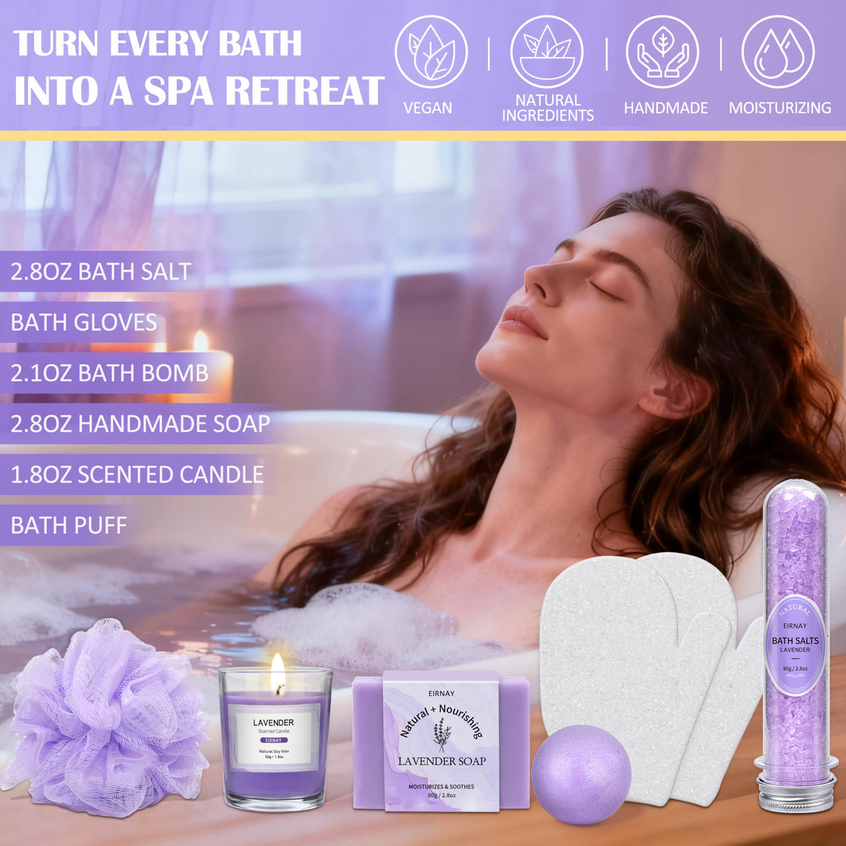 EIRNAY soy candle and silk eye mask staged to create calming spa atmosphere