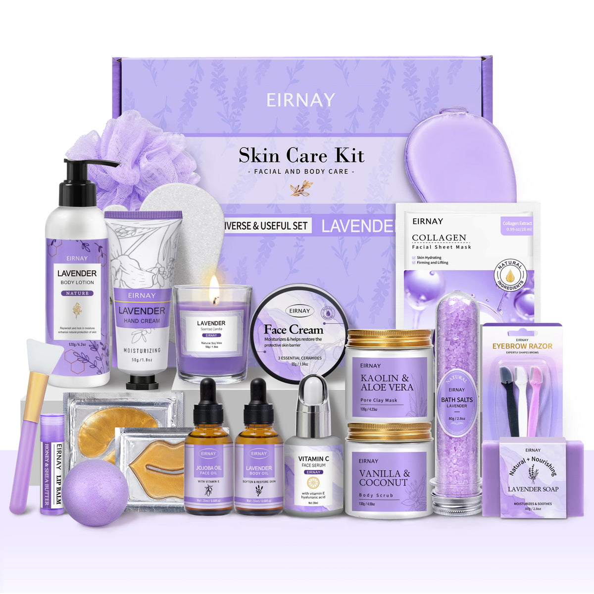 EIRNAY front packaging lavender spa set shows complete gift presentation and convenience