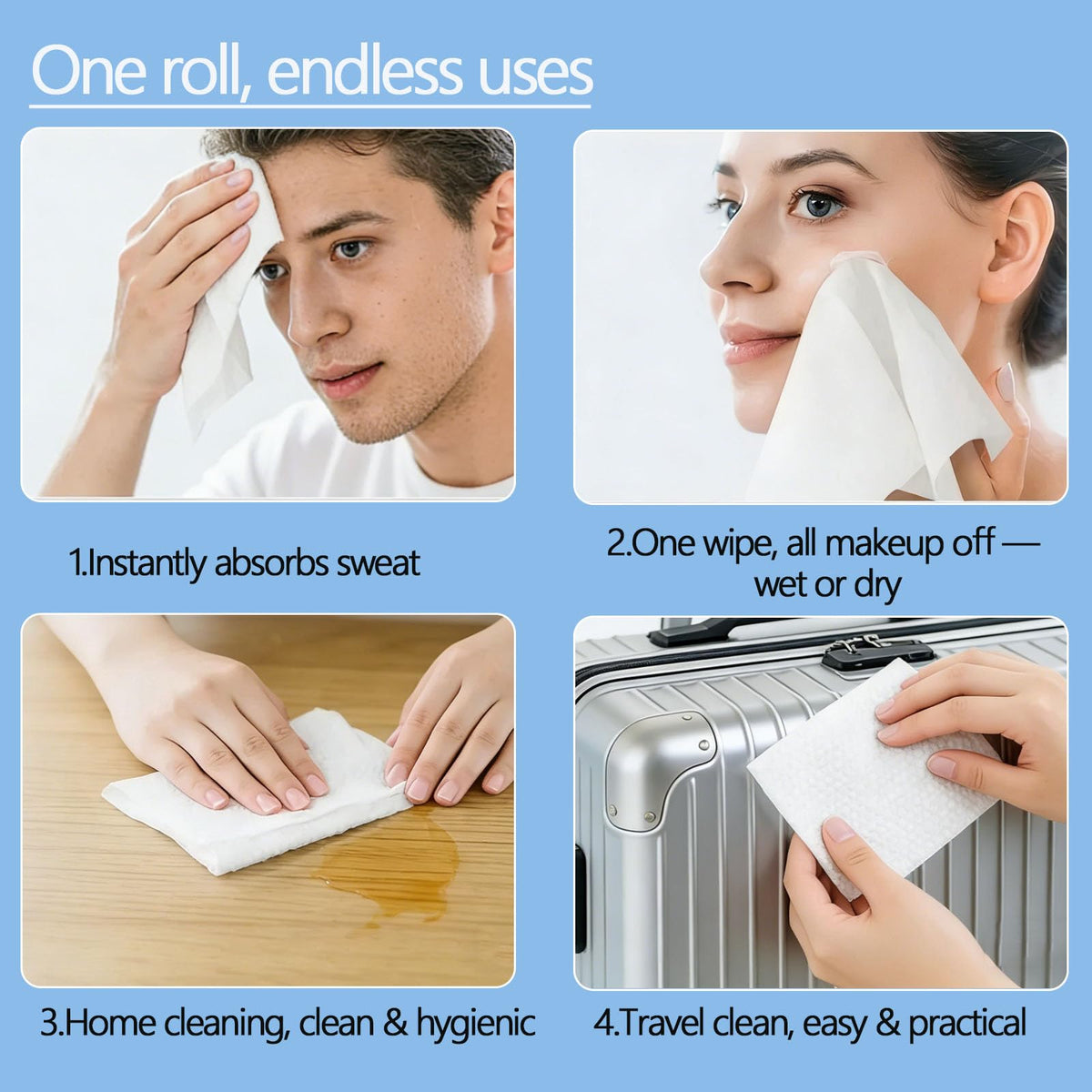 EK-Memory-fish towel in use on airplane tray promoting hygienic travel cleaning