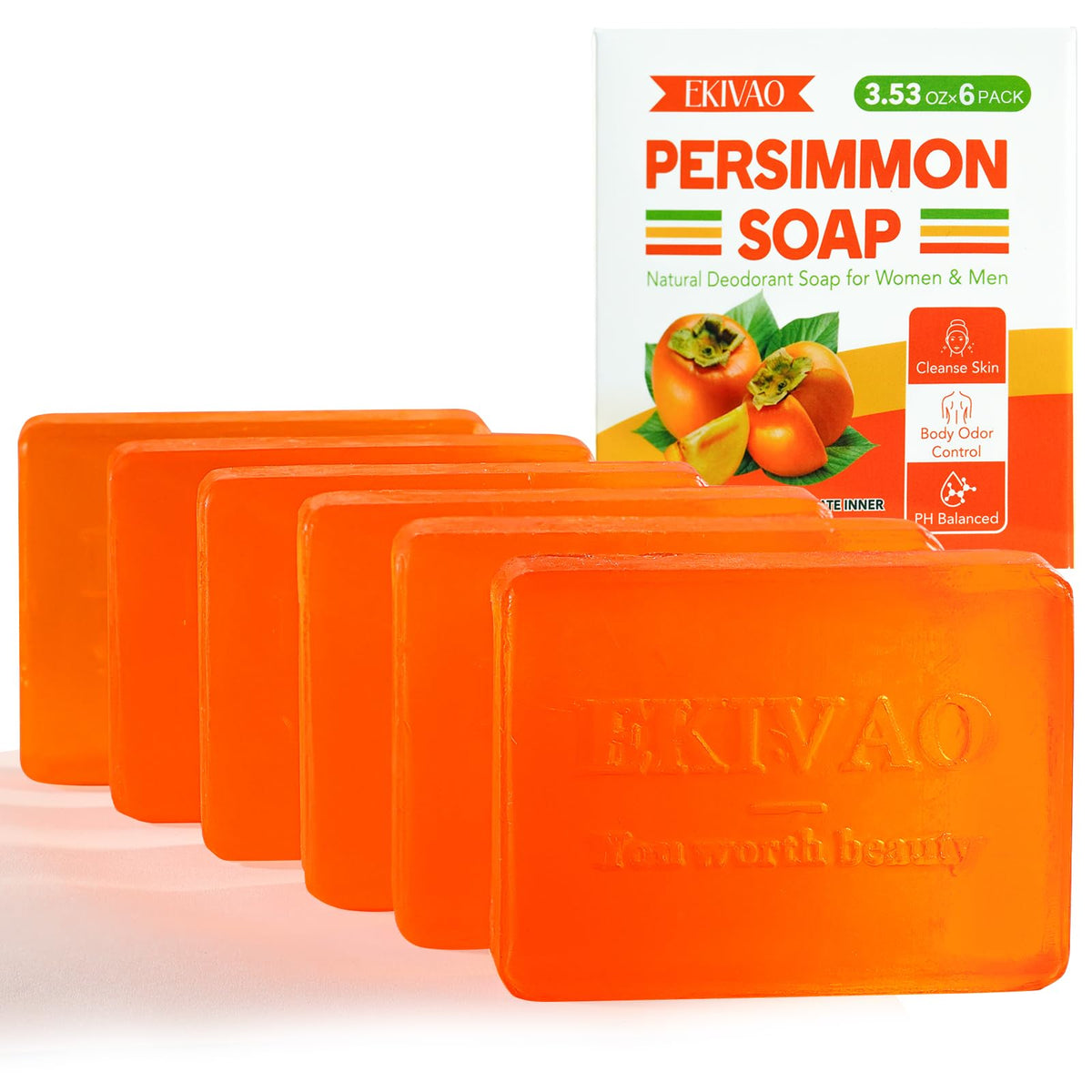 EKIVAO front packaging showing six wrapped persimmon soap bars for odor control
