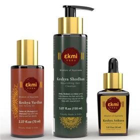EKMIVEDA front packaging of the hair growth set showing product trio and benefits