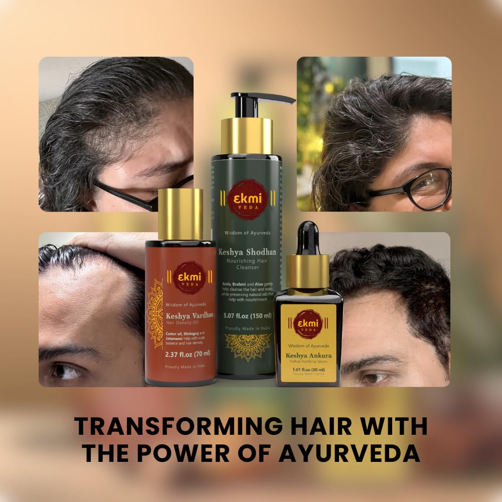 EKMIVEDA natural ingredients display with bhringraj amla rosemary for nourishing blend