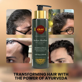EKMIVEDA shampoo placed on bathroom shelf suggesting daily-use routine benefit
