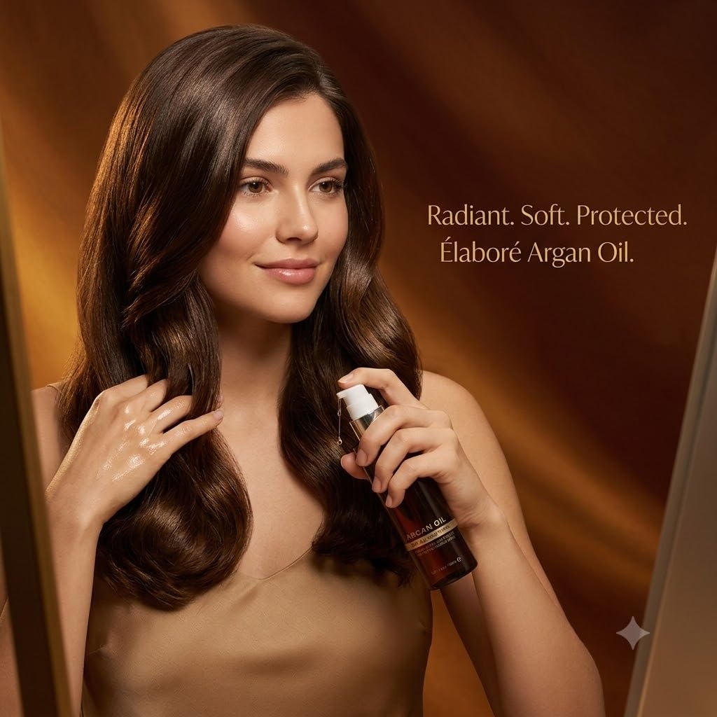 Elabore oil in hand being applied to hair ends for instant frizz control