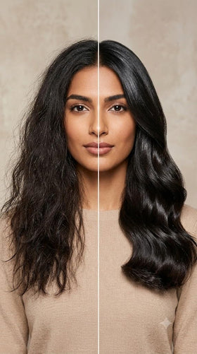 Elabore hair BB in use styling shot on model adding shine and manageability during blow-dry
