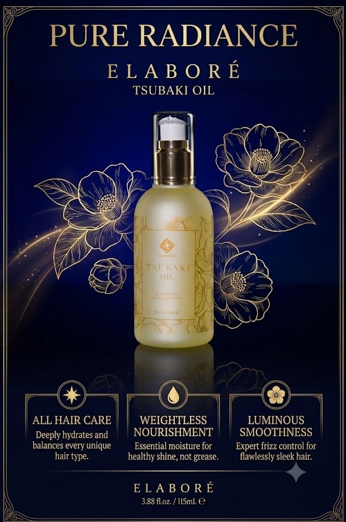 Hands applying Elabore tsubaki oil to hair, demonstrates smooth frizz control benefit