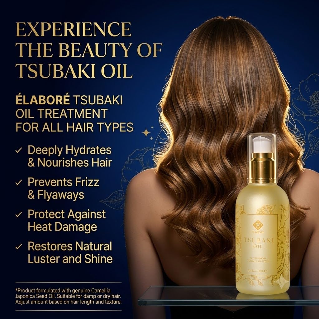 Before and after hair using Elabore tsubaki oil, shows reduced frizz and added shine
