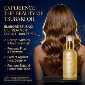 Before and after hair using Elabore tsubaki oil, shows reduced frizz and added shine