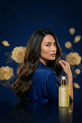 Elabore tsubaki oil on bathroom shelf, suggests everyday styling convenience and scent