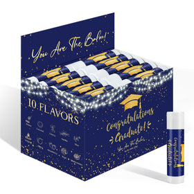 ElasignShopo front packaging showing 50 blue graduation lip balms, easy party distribution