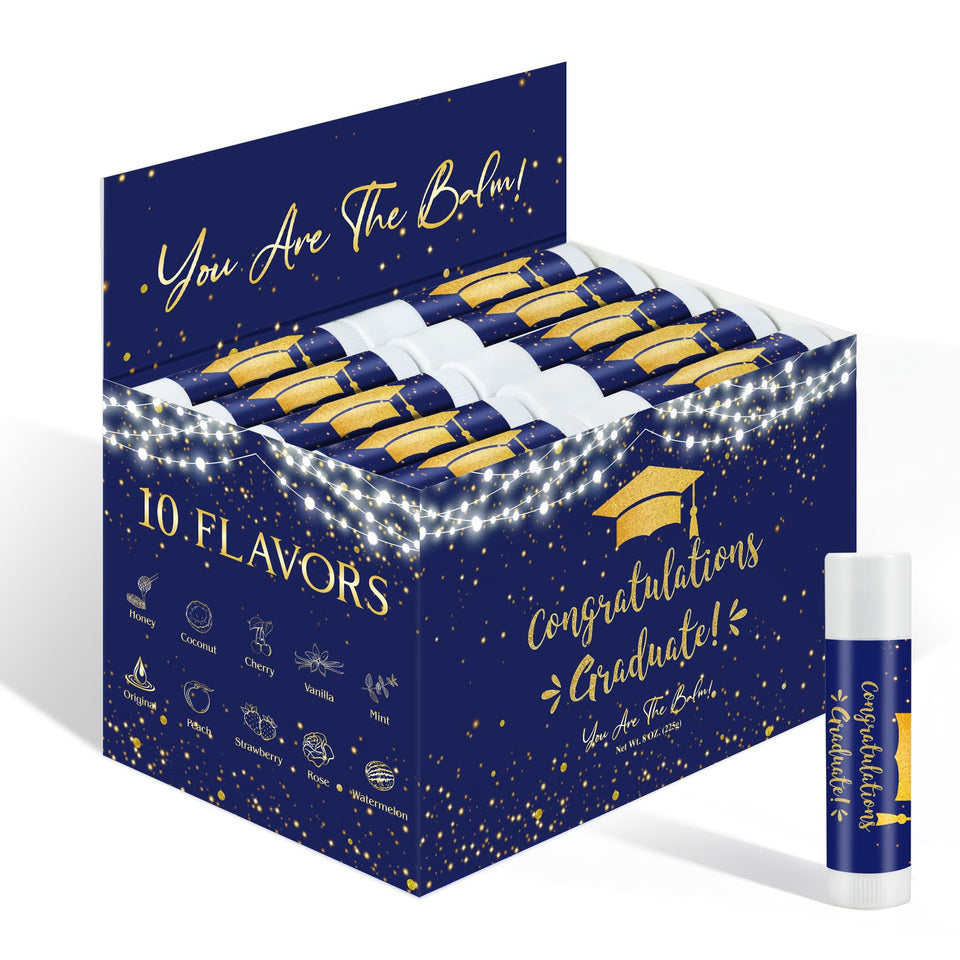 ElasignShopo front packaging showing 50 blue graduation lip balms, easy party distribution