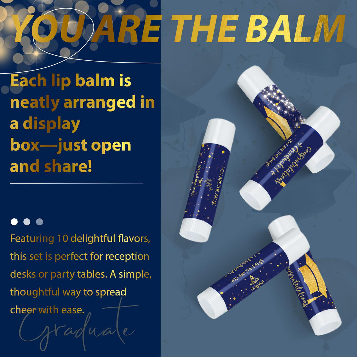 ElasignShopo party favor table with balms, visualizes ready-to-hand out graduation gifts