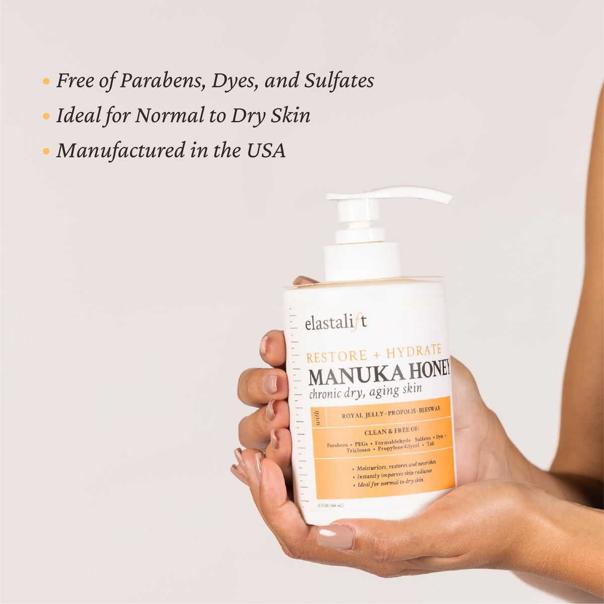 Close-up of Elastalift label listing key ingredients for skin renewal