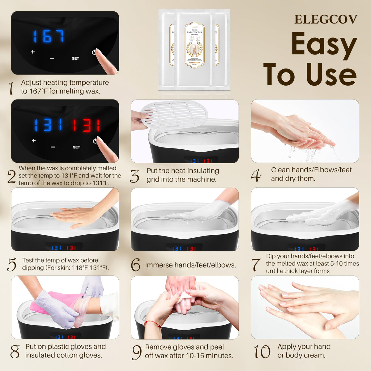 ELEGCOV clear disposable gloves and foot covers displayed for hygienic application benefit