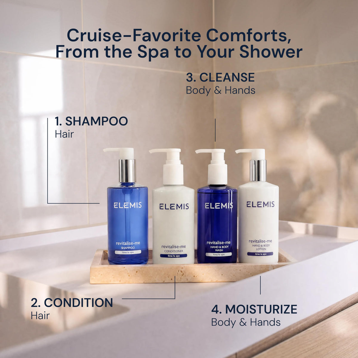 ELEMIS conditioner on bathroom shelf staged to show daily-routine aesthetic benefit