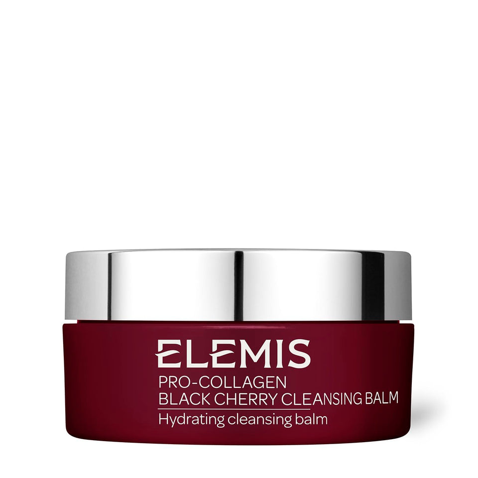 ELEMIS jar front view showing black cherry cleansing balm and elegant packaging benefits soft skin