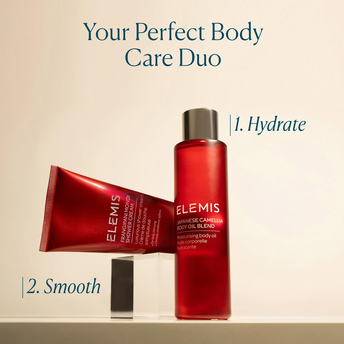 ELEMIS bottle with camellia and almond ingredients emphasizing nourishing formulation
