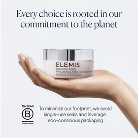 ELEMIS box and jar label detail emphasizing fragrance-free formulation and ingredients