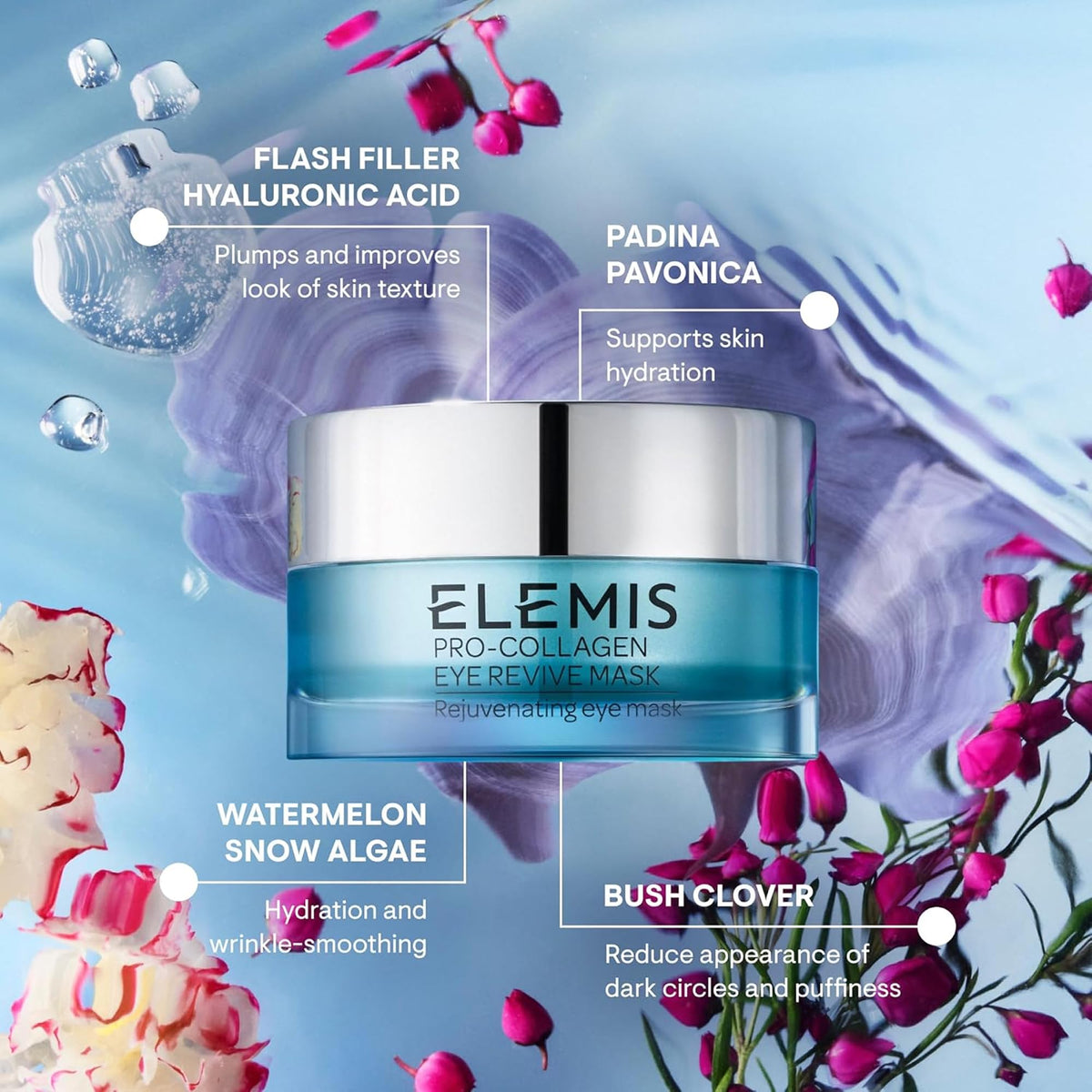 ELEMIS label close-up showing product name and key actives, clarifying ingredients and usage