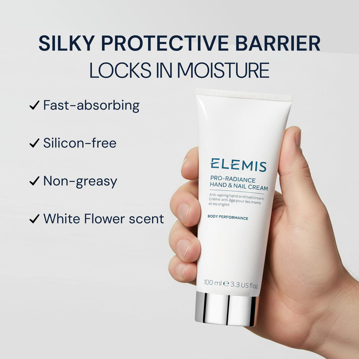ELEMIS cream texture on fingertip demonstrating fast absorption benefit