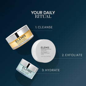ELEMIS pad on vanity near serum and sunscreen depicting routine and post‑use protection