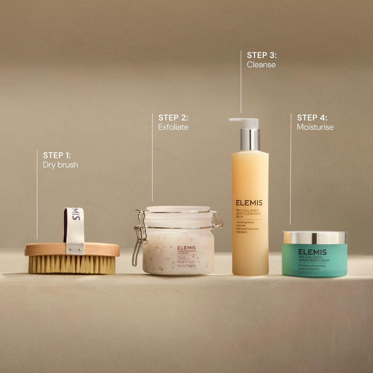ELEMIS bottle on shower shelf in lifestyle scene conveying spa-like daily ritual