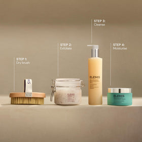 ELEMIS bottle on shower shelf in lifestyle scene conveying spa-like daily ritual