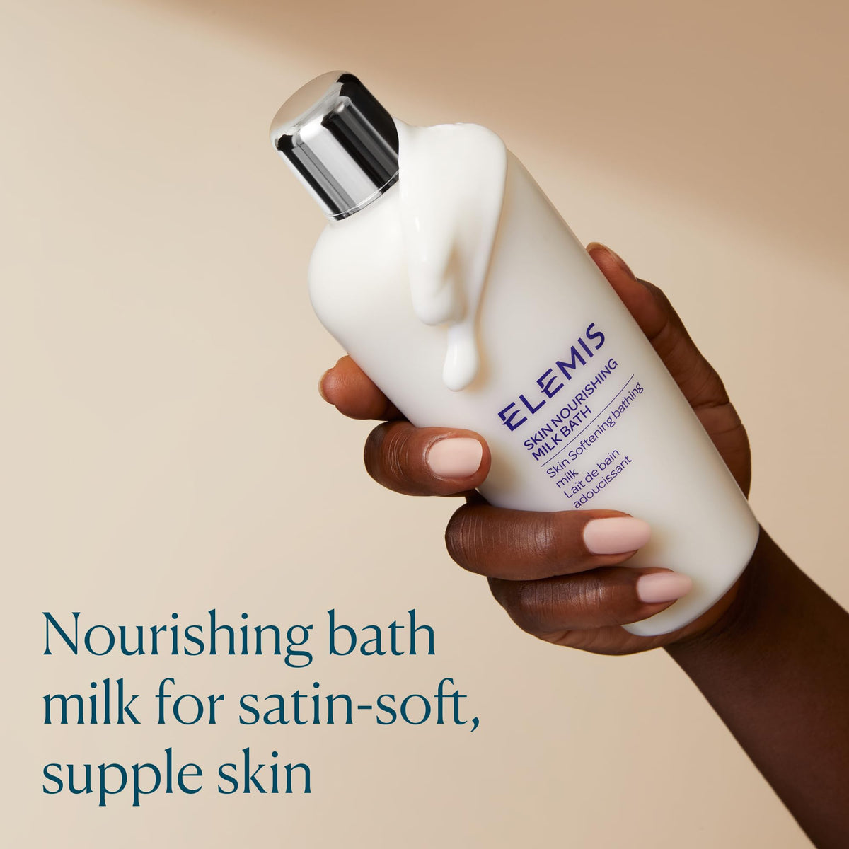 ELEMIS creamy milk bath pouring texture demonstrating rich hydration