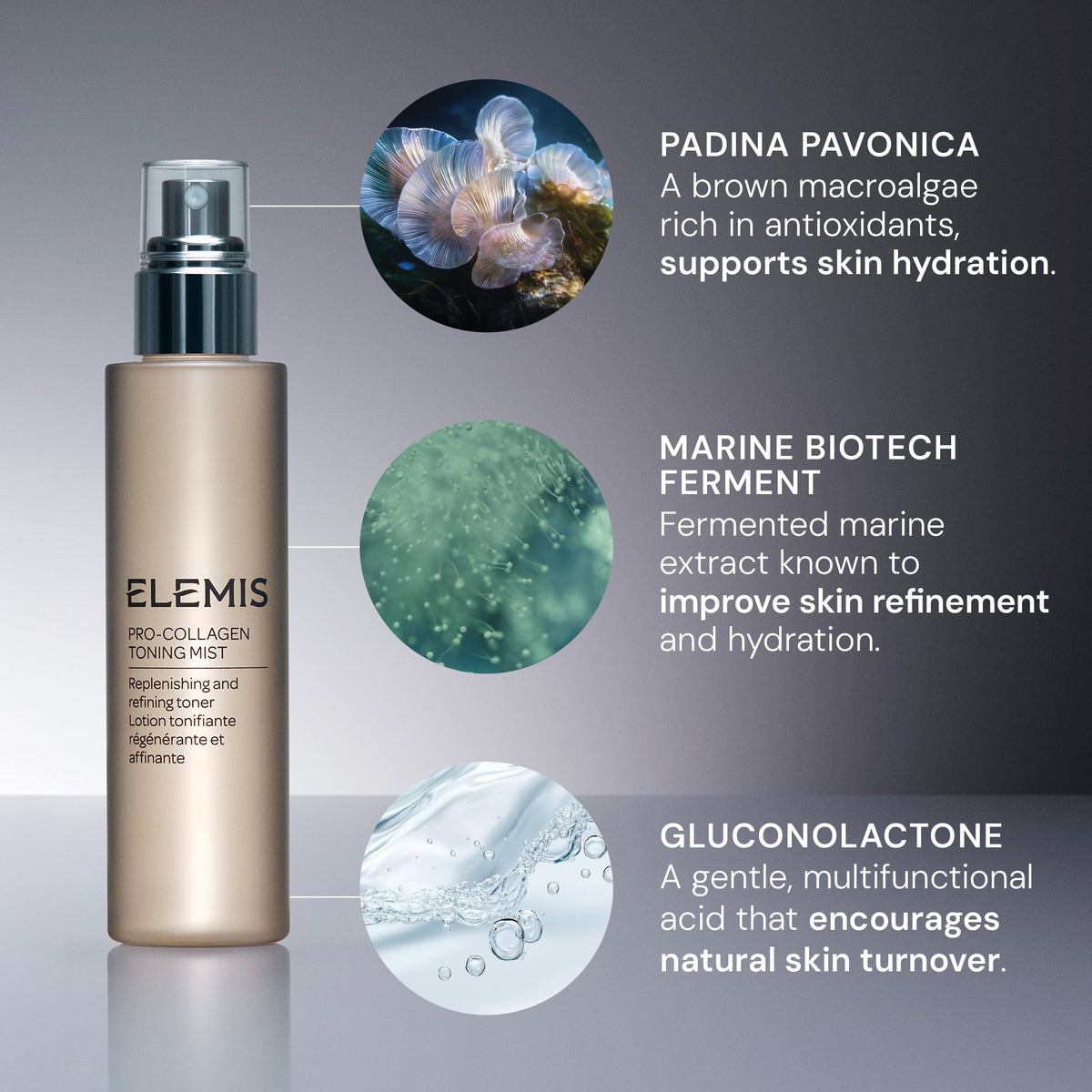 ELEMIS mist beside serum and moisturizer illustrating layering support