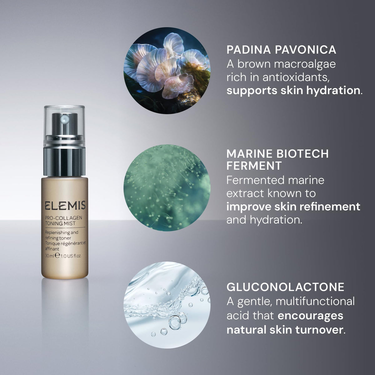 ELEMIS spritz being applied to face illustrating instant refresh and dewy finish