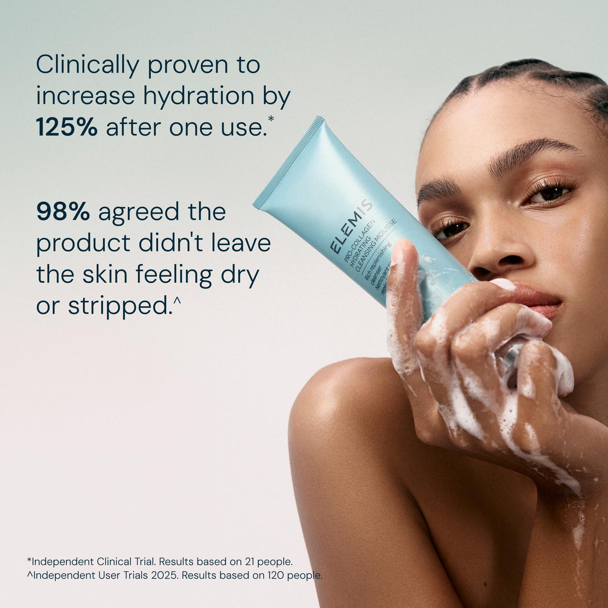 ELEMIS foam in hand illustrating light cloud-like lather and gentle cleansing benefit