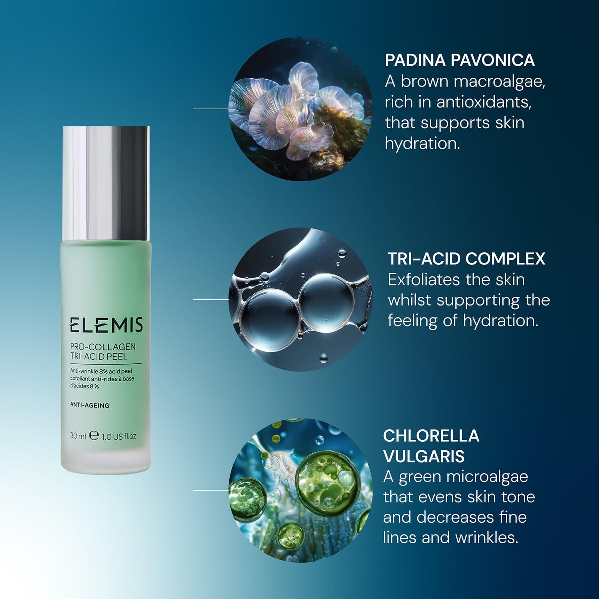 ELEMIS 1 fl oz bottle next to ruler to show compact size