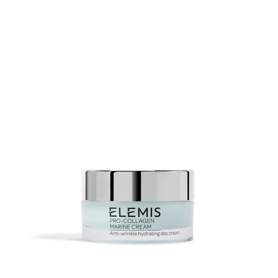 ELEMIS Pro-Collagen front packaging showing compact travel jar and branding benefit