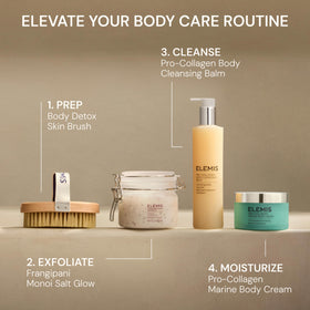 ELEMIS Pro-Collagen body cream on bathroom shelf suggesting daily self-care benefit