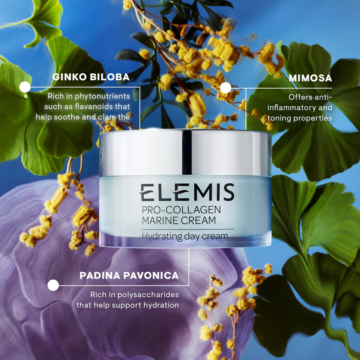 ELEMIS Pro-Collagen Marine Cream open jar with cream visible for product detail and richness