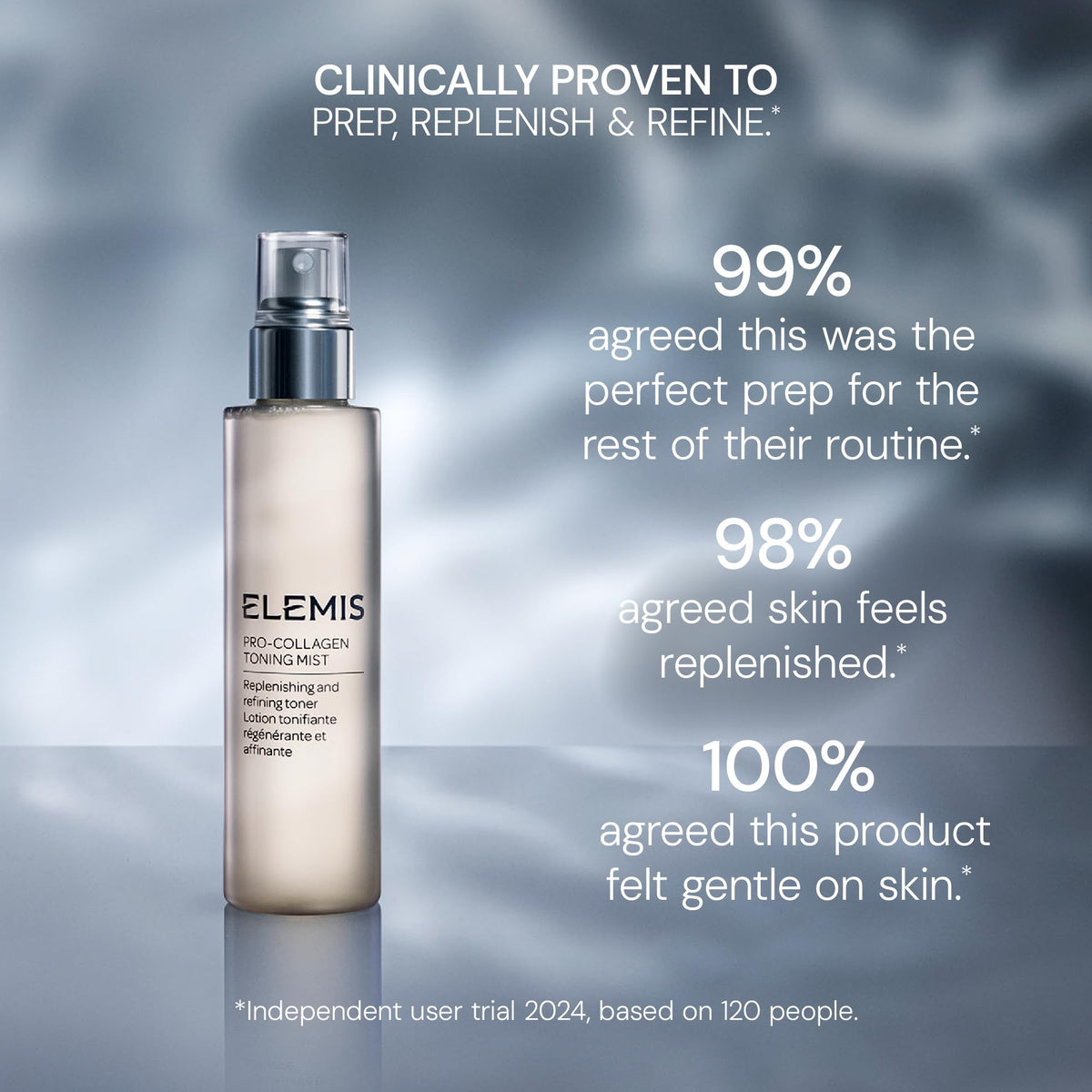 ELEMIS bottle held in hand showing scale and portability for travel convenience