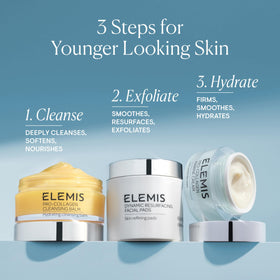 ELEMIS jar beside sunscreen for scale showing compact size benefit: portable for routines