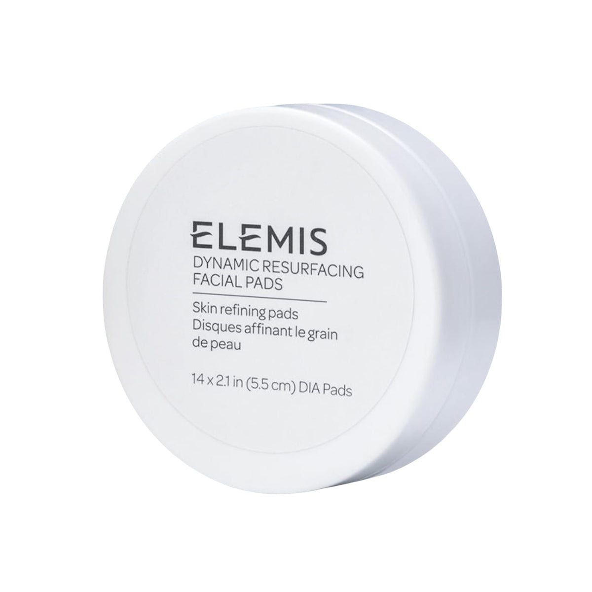 ELEMIS front packaging showing compact resurfacing pad container and travel convenience