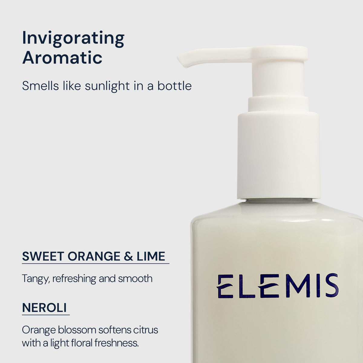 ELEMIS bottle beside hand for scale showing true 300ml size and travel-friendly benefit