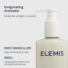 ELEMIS bottle beside hand for scale showing true 300ml size and travel-friendly benefit