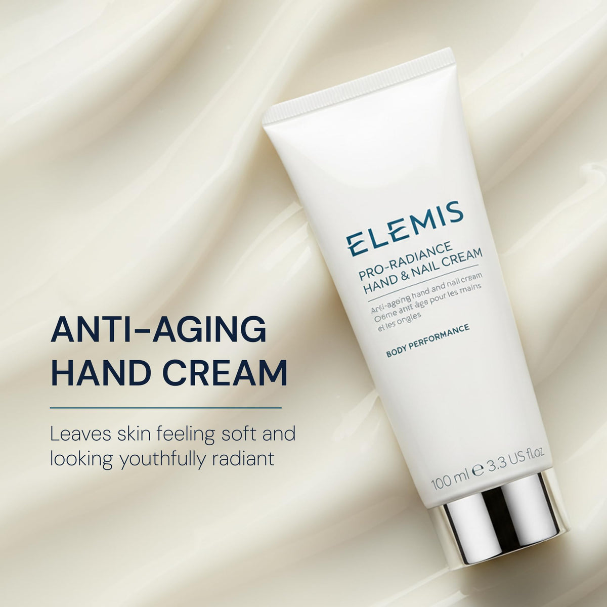 ELEMIS 3.3 oz tube beside hand for scale and portable care benefit