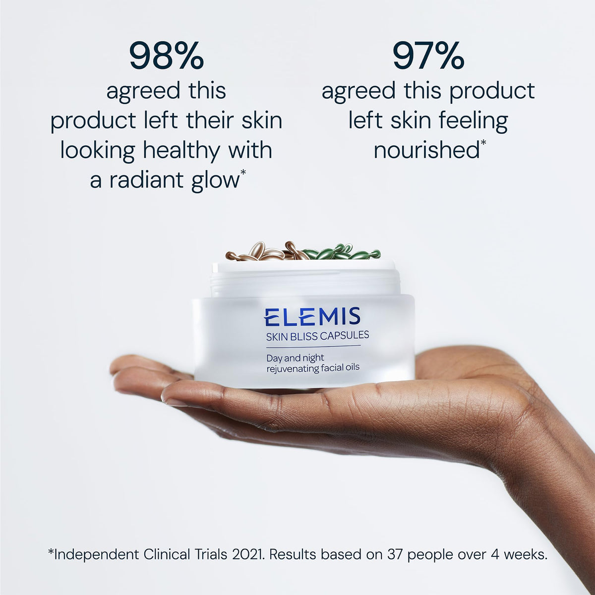 ELEMIS hands pinching capsule and pouring oil, demonstrates easy single-dose application benefit