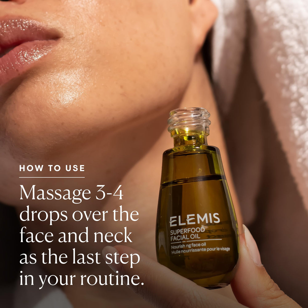 ELEMIS oil applied to skin demonstrating instant glow and hydrated look