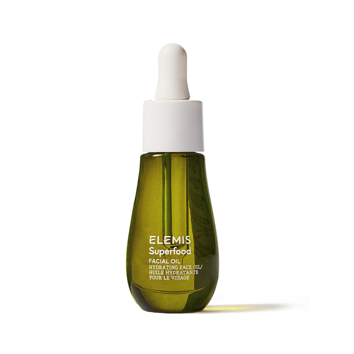 ELEMIS front packaging of Superfood Facial Oil shows compact 15ml bottle and label benefit